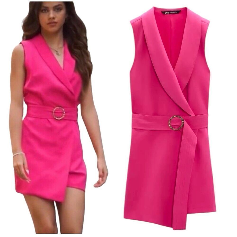 ZARA Dress WMNS L Pink Buckle Belt Blazer‎ Jumpsuit Sleeveless 0387/175 Boss